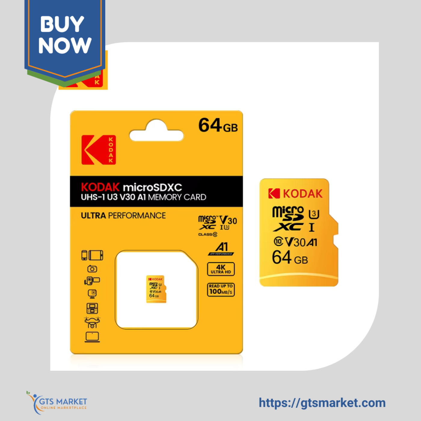 KODAK 64GB microSDXC UHS-I U3 V30 A1 Memory Card
